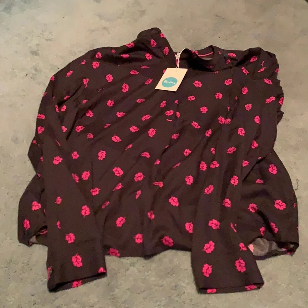 BODEN Paula Popover Top Size 10 Gray Pink Leaf Print Long Sleeve - Picture 4 of 4